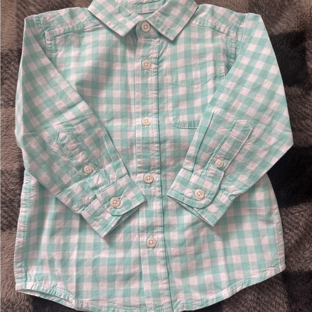 NWT The Children's Place Aqua Checkered Button Down Shirt 12-18 months